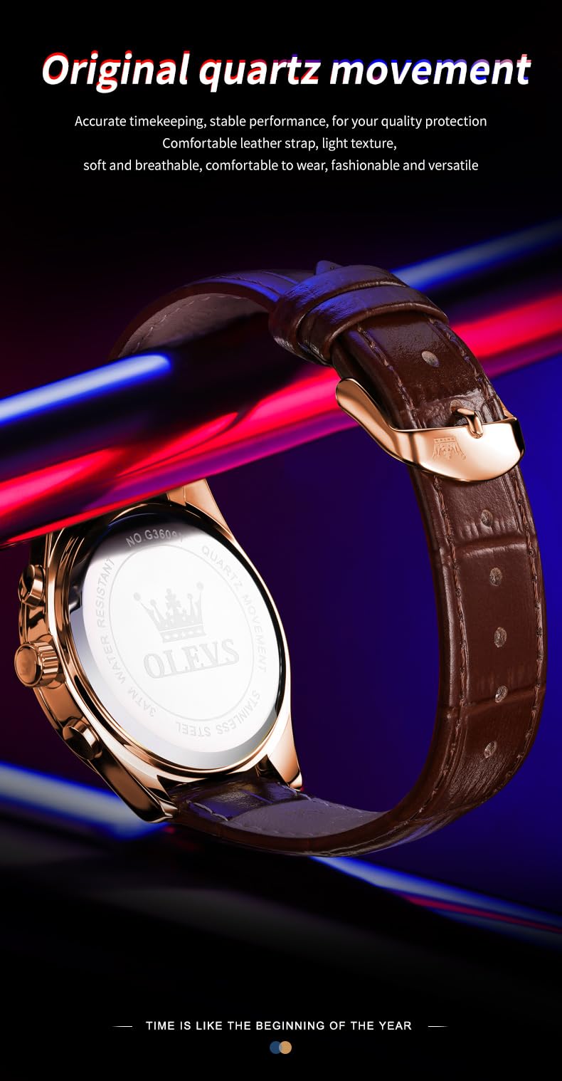OLEVS Brown Watches for Men Classic Multifunction Chronograph Mens Watches Moon Phase Luminous Waterproof Dress Men's Wrist Watch Luxury Analog Quartz Date Relojes para Hombres