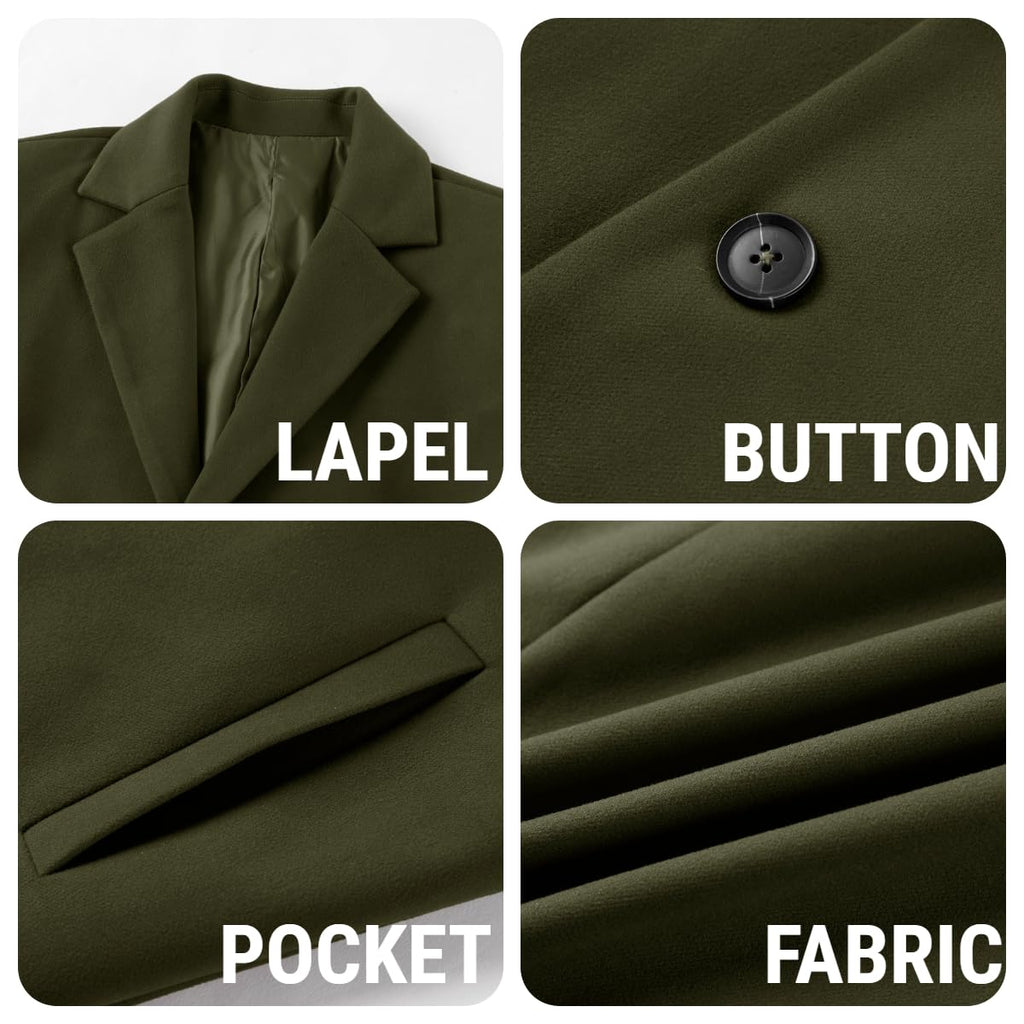 PASLTER Mens Trench Coat Slim Fit Notched Collar Fall Winter Single Breasted Pea Coat Warm Soft Overcoat