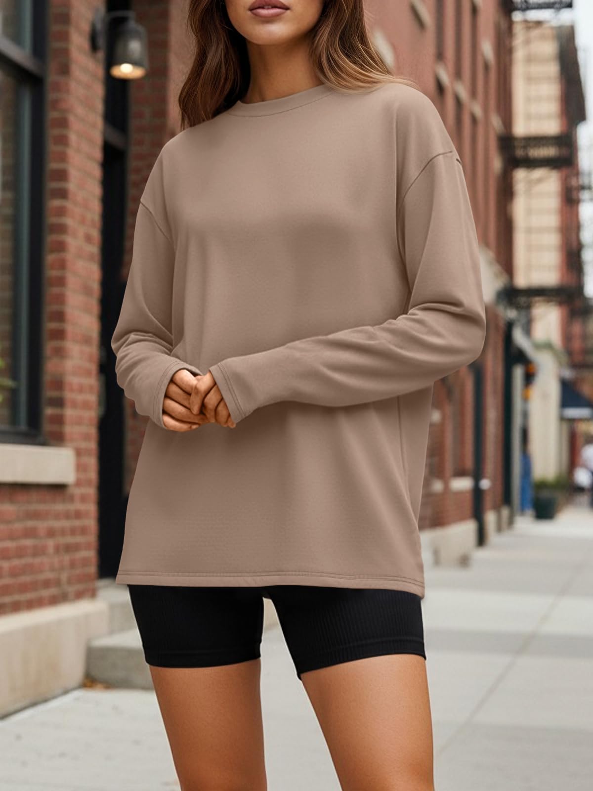 Trendy Queen Womens Oversized Long Sleeve T Shirts 2026 Basic Crewneck Tee Fall Tops Casual Workout Y2K Clothes Khaki M