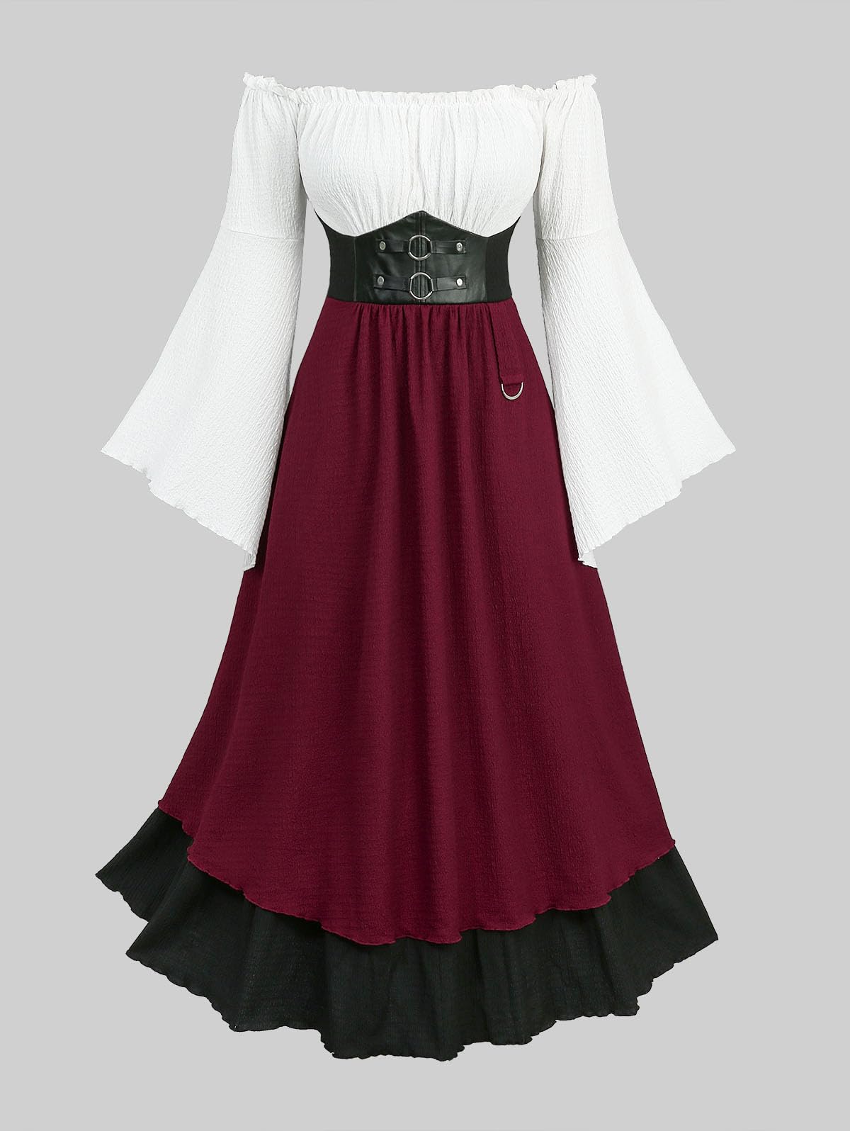 ROSE GAL Plus Size Women Renaissance Ren Faire Costume Off Shoulder Colorblock Textured Long Bell Sleeve Layered Maxi Medieval Dress(Red/L)