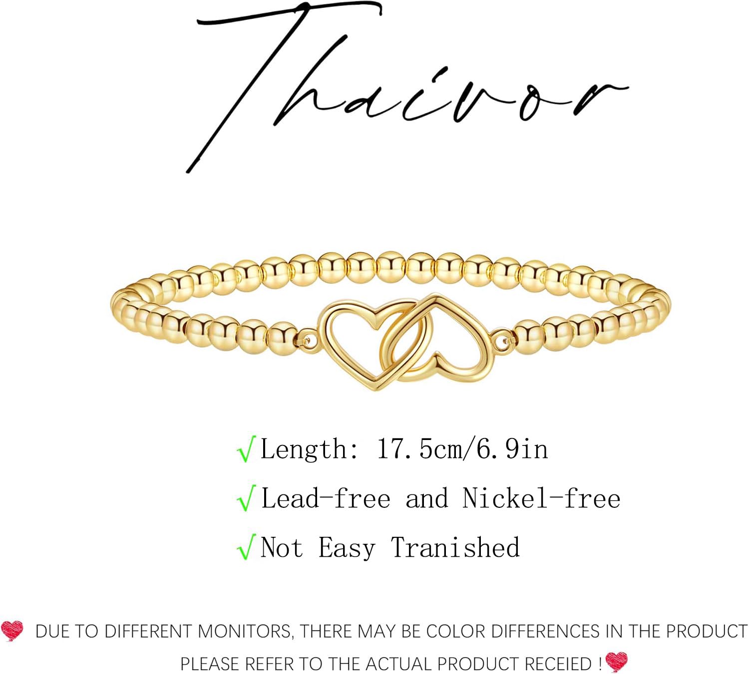 Valentines Day Gifts for Women Her - 14K Gold Plated Beaded Stretch Handmade Ball Bracelets Cute Charm Bracelet Dainty Stackable Jewelry Gifts Trendy Stuff