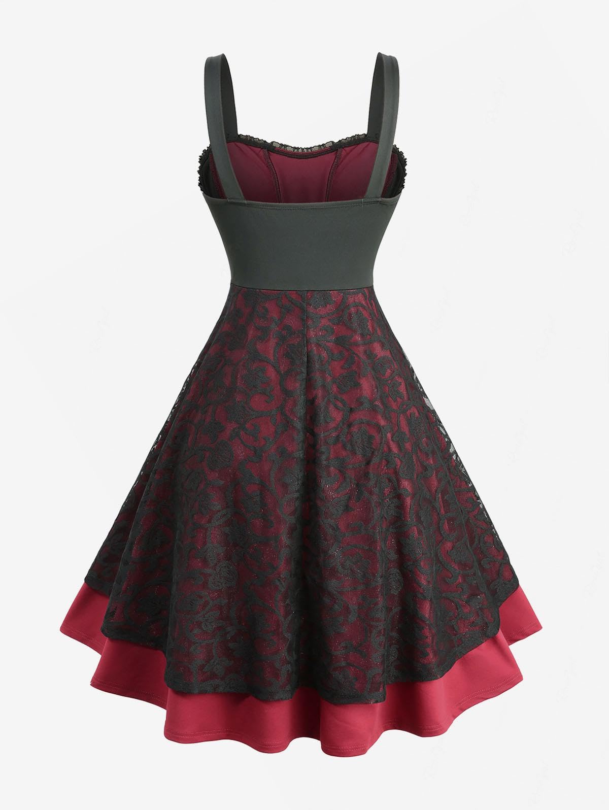 ROSE GAL Plus Size Gothic Vintage Lace Overlay Sleeveless Dress Ruffles Lace-up Backless Fit and Flare A Line Midi Goth Dress(Red_1/L)