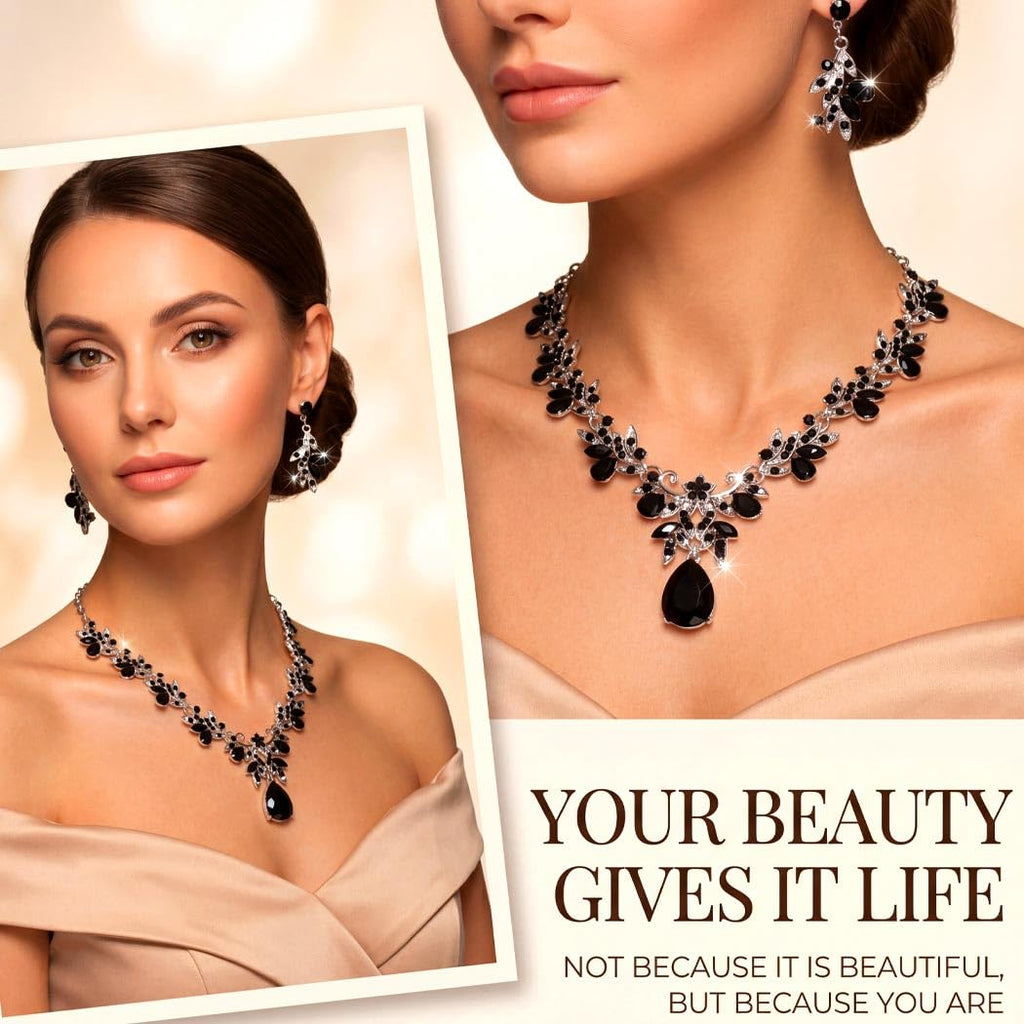 Brishow Jewelry Sets for Women Black Rhinestone Necklace Earrings Set Silver Leaf Costume Jewelry for Prom Formal Events