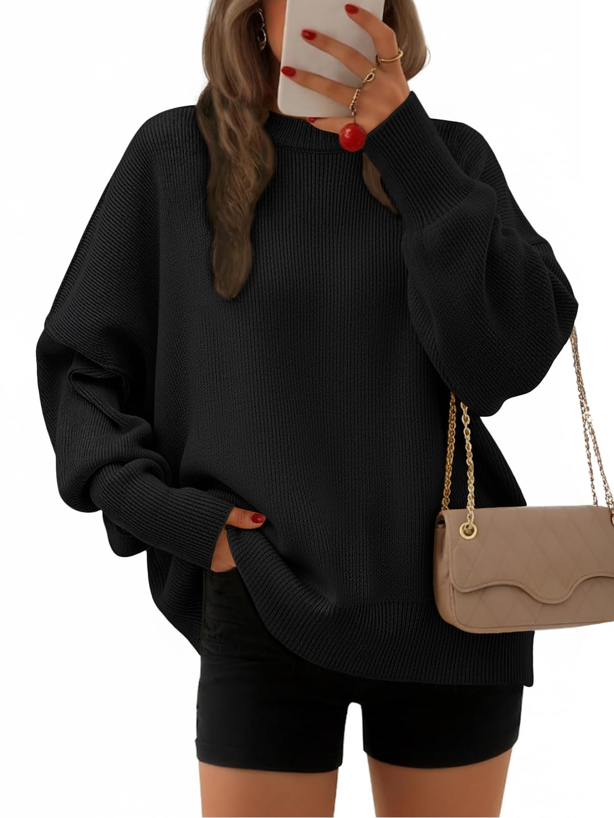 EFAN Women's Oversized Sweaters 2025 Fall Trendy Crewneck Batwing Sleeve Chunky Knit Long Pullover Cute Tunic Tops Dress Winter Clothes Cashmere Fashion Outfits Ladies Clothing Black S