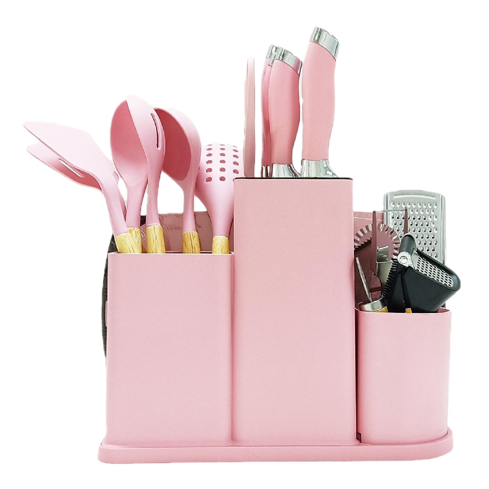 DANFFI 20-Piece Pink Kitchen Utensil Set – Silicone Cooking Tools with Wooden Handles, Knife & Scissor Set, Cutting Board, Grater & More – Non-Stick, BPA-Free Kitchen Gift Set