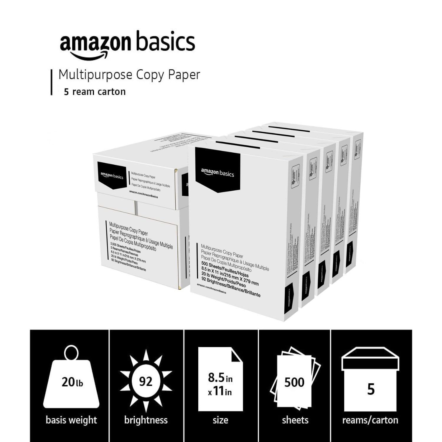 Amazon Basics Multipurpose Copy Printer Paper, 20 lb, 8.5 x 11 Inches, 5 Reams (2,500 Sheets), 92 Bright White
