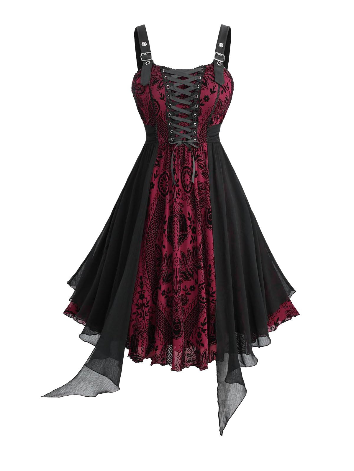 ROSE GAL Plus Size Womens Vintage Goth Midi Dress Flower Flocking Lace-up Buckles Straps Asymmetrical Sleeveless Gothic Dress(Red_1/4X)