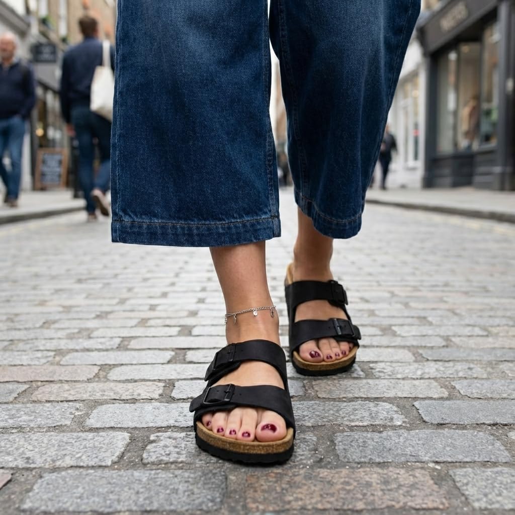 CUSHIONAIRE Lane Cork Footbed Womens Sandals Comfortable Double Buckle Slip On Sandals for Women with Arch Support and Classic Two Strap Design, BLACK 6.5
