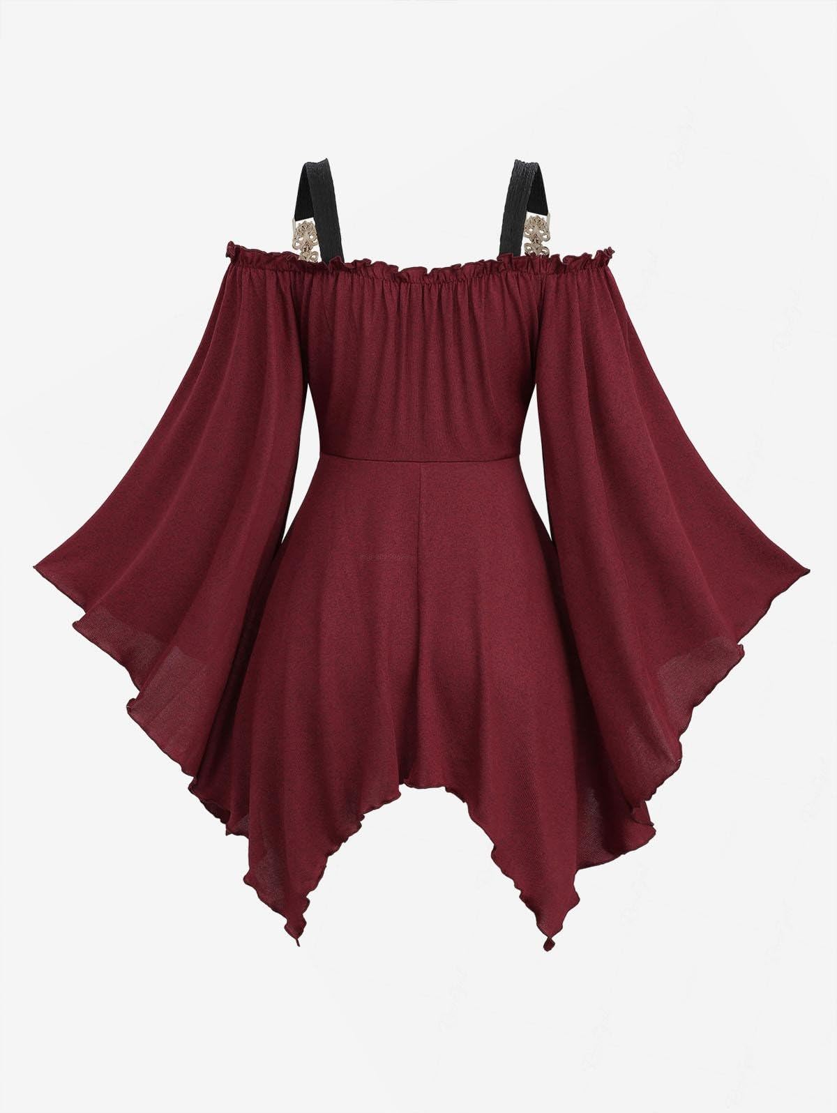 ROSE GAL Plus Size Women Medieval Renaissance Underbust Corset Blouse Off Shoulder Trumpet Sleeves Peasant Tops Shirt Victorian Goth Renaissance Costume(Red_1/1X)