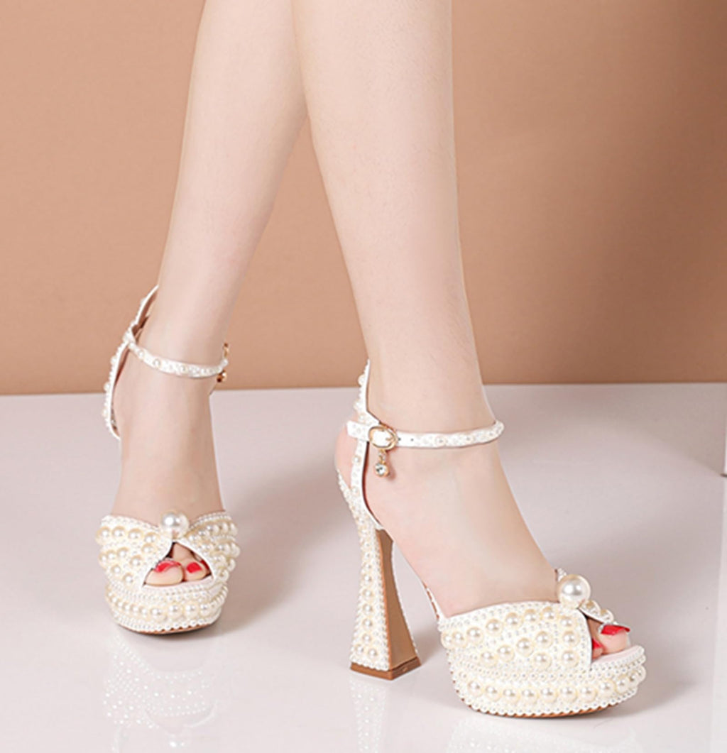 Minishion Womens Platform Wedding Shoes Slingback High Heel Party Evening Sandals with Pearl LH003 Ivory US 8