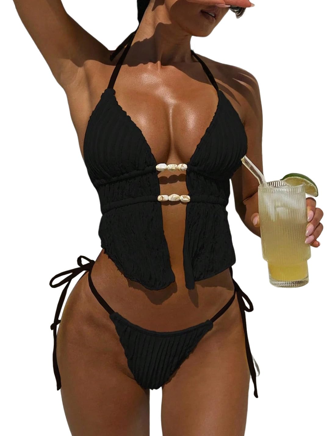 ZAFUL Halter Swimsuits for Women Textured Backless 2 Piece Bathing Suits Cheeky High Cut String Tie Side Bikini Sets 0-Black S