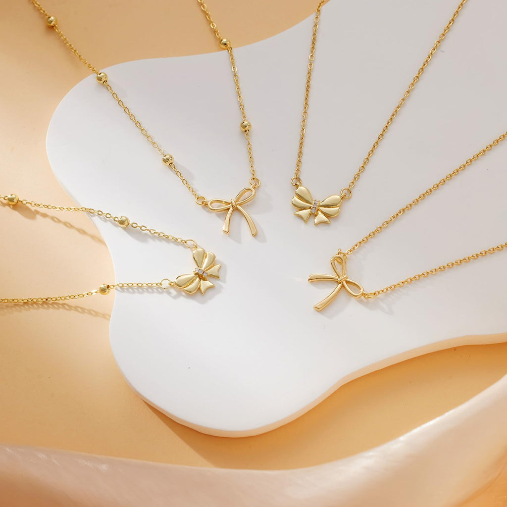 Thaivor Stocking Stuffers Necklace for Women Dainty Bow Necklace 14K Gold Plated Cute Choker Small Pendant Charm Necklaces Teen Gift Trendy Stuff Personalized Jewelry Christmas Gifts