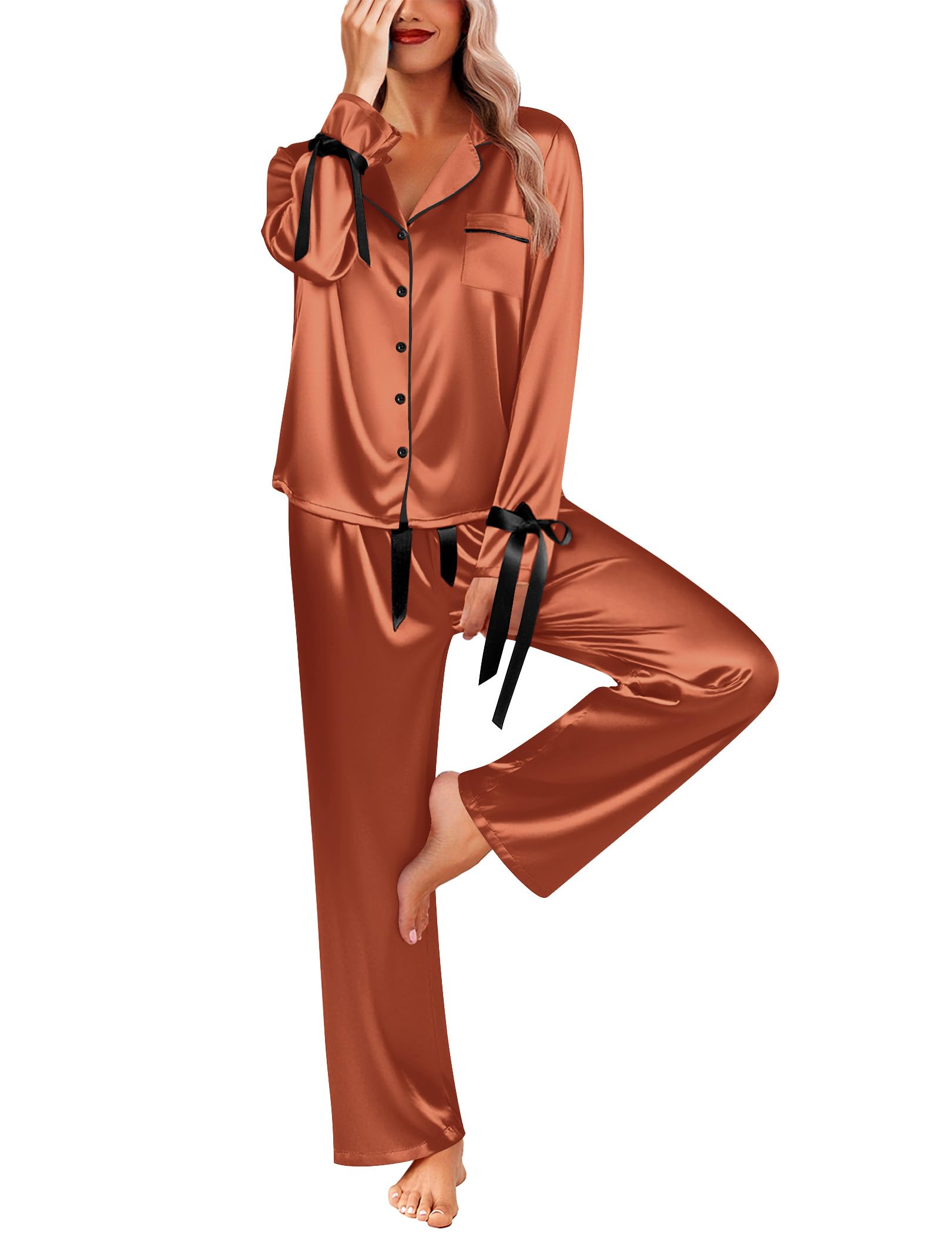 Ekouaer Women Classic Button Down Long Satin Pajamas Set,Bow Tie Silky Cute Pjs Sets Fancy Loungewear Caramel M