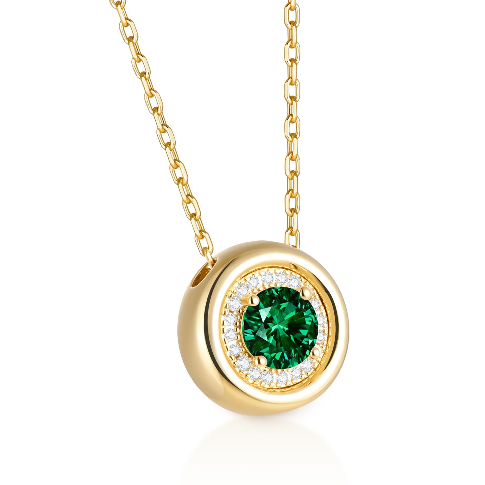 May‌ Emerald Birthstone Necklaces for Women 14K Gold Plated 925 Sterling Silver Round Emerald Pendant Necklace Anniversary Jewelry Gifts