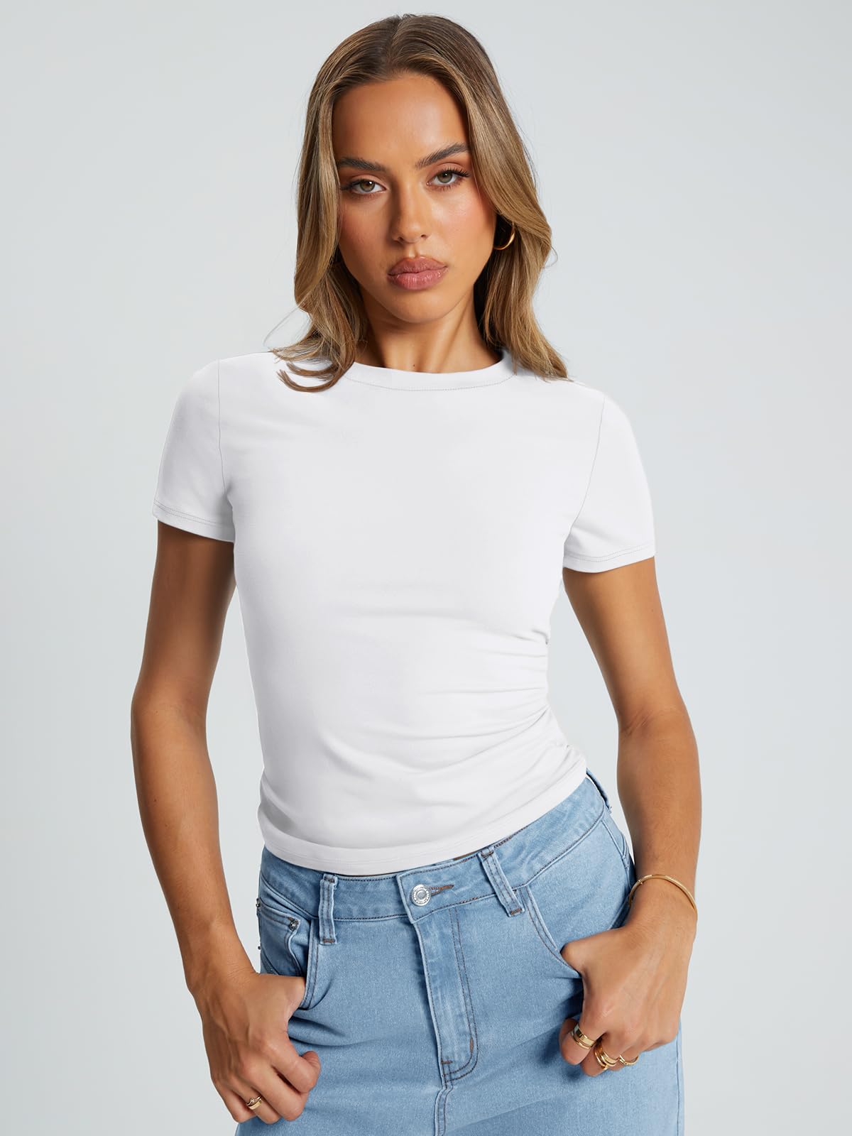 Trendy Queen Womens Basic T Shirts Summer Tops 2026 Crop Short Sleeve Slim Fit Tee Cute Gym Workout Clothes White L