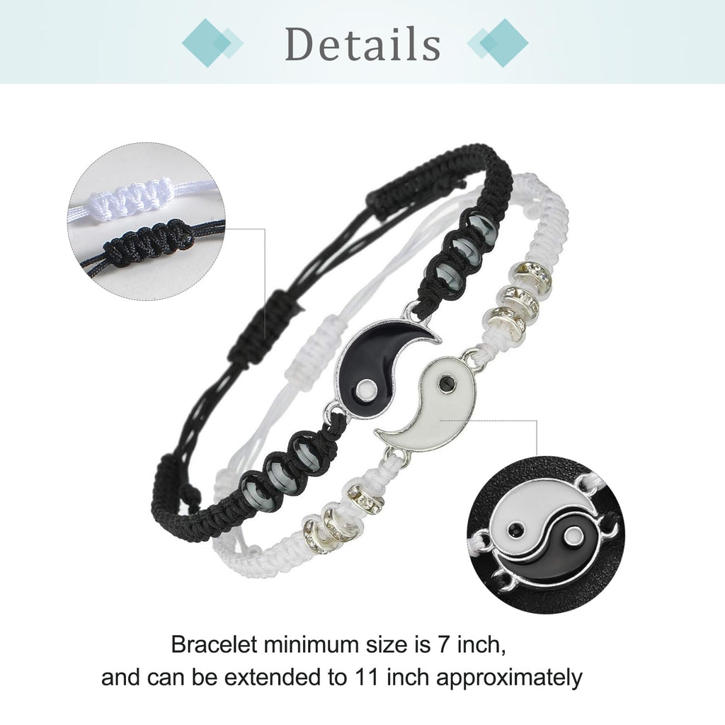 Best Friend Bracelets for 2 Matching Yin Yang Adjustable Cord Bracelet for Bff Friendship Relationship Boyfriend Girlfriend Valentines Gift