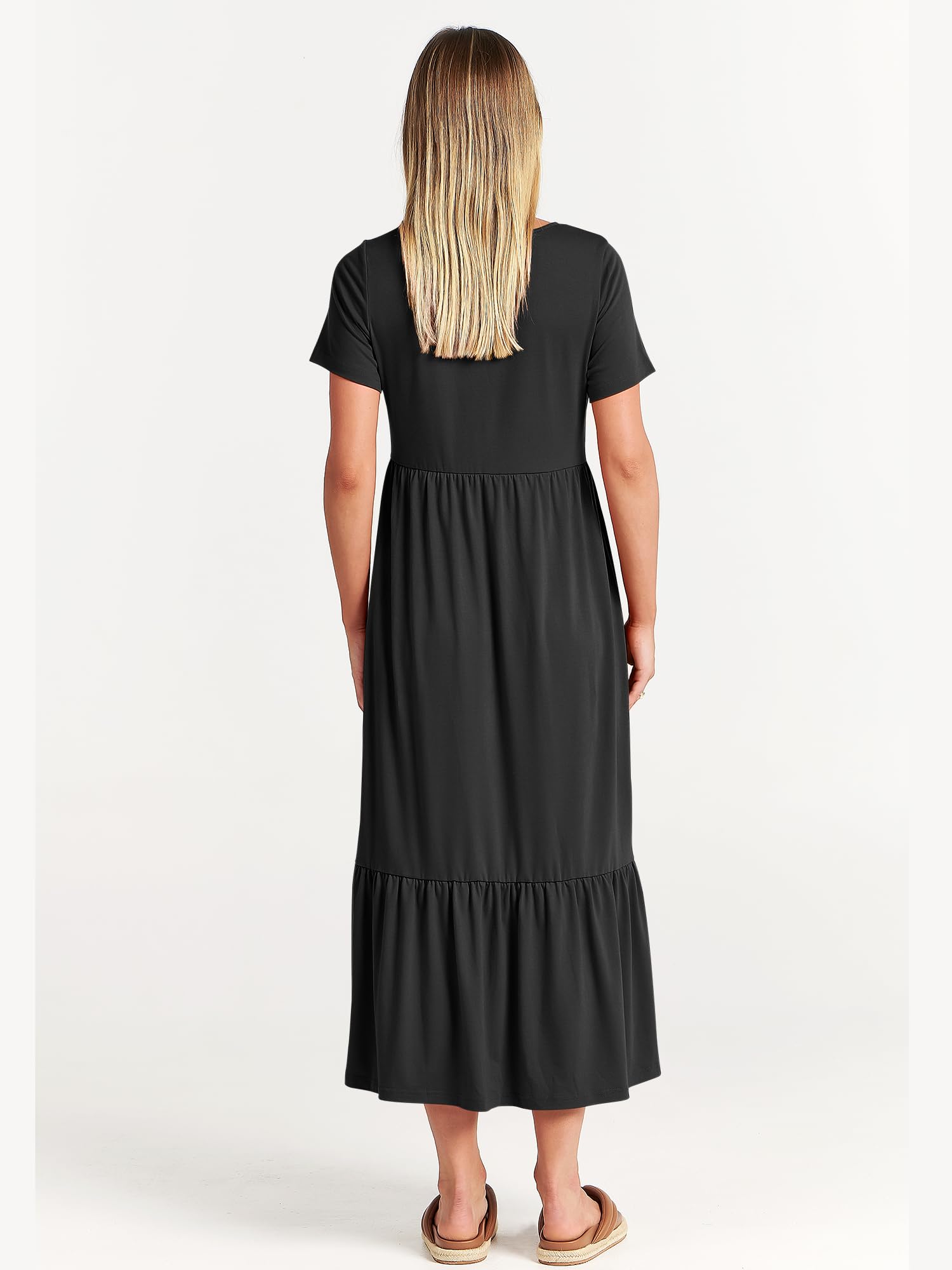 ANRABESS Womens 2025 Summer Casual Maxi Dress A line Tiered Flowy Short Sleeve Crewneck T Shirt Beach Travel Long Dresses Black Small