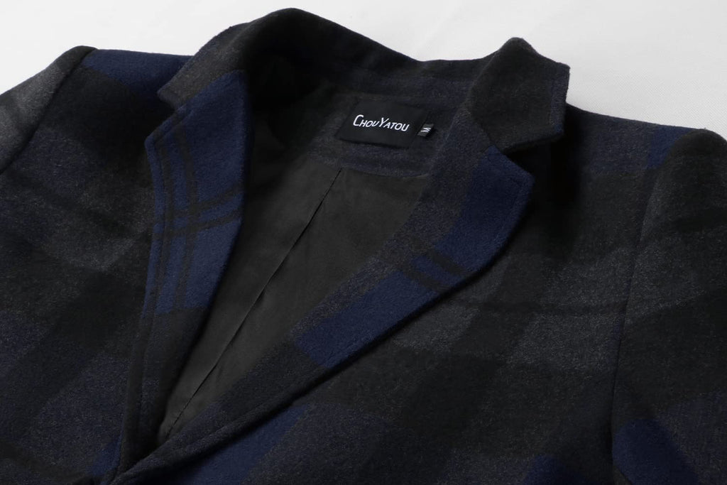 chouyatou Men's Casual Notched Collar Plaid Single Breasted Wool Blend Formal Trench Top Coat (Navy-Plaid, Large)