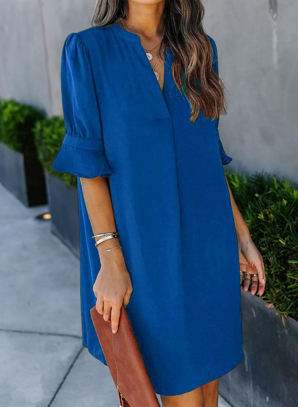 QACOHU V Neck Short Sleeve Dresses Women's Summer Mini Breathable Soft Skin-Friendly and Comfortable Tunic Dress Royal Blue L