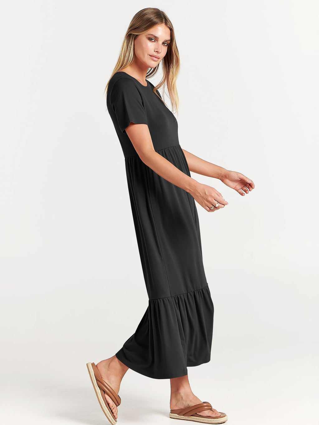 ANRABESS Womens 2025 Summer Casual Maxi Dress A line Tiered Flowy Short Sleeve Crewneck T Shirt Beach Travel Long Dresses Black Small