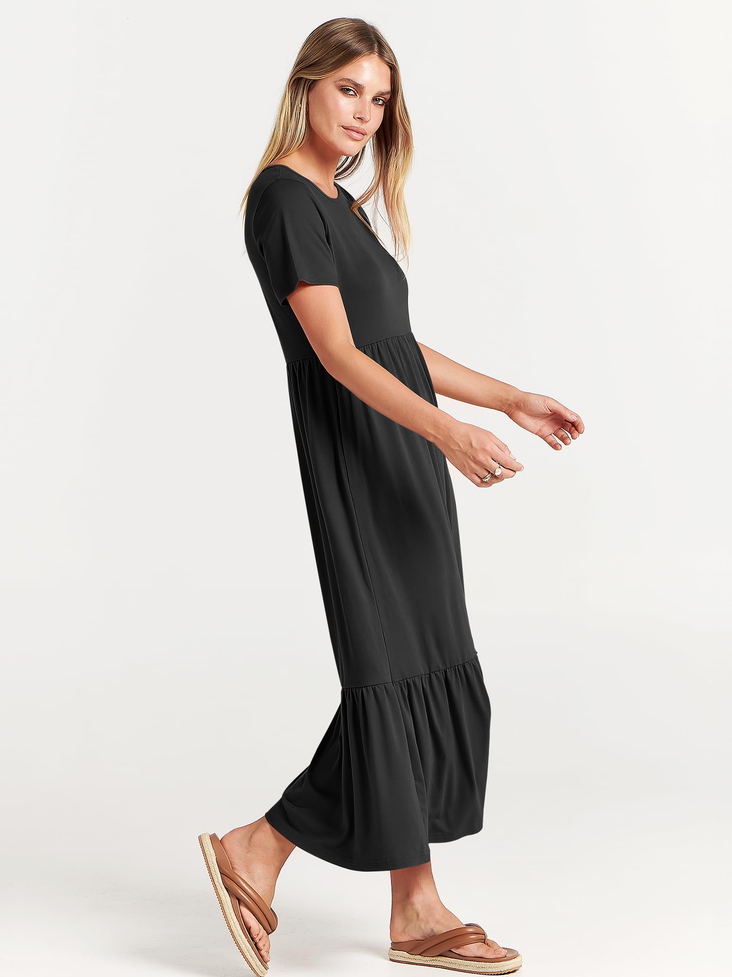 ANRABESS Womens 2025 Summer Casual Maxi Dress A line Tiered Flowy Short Sleeve Crewneck T Shirt Beach Travel Long Dresses Black Small
