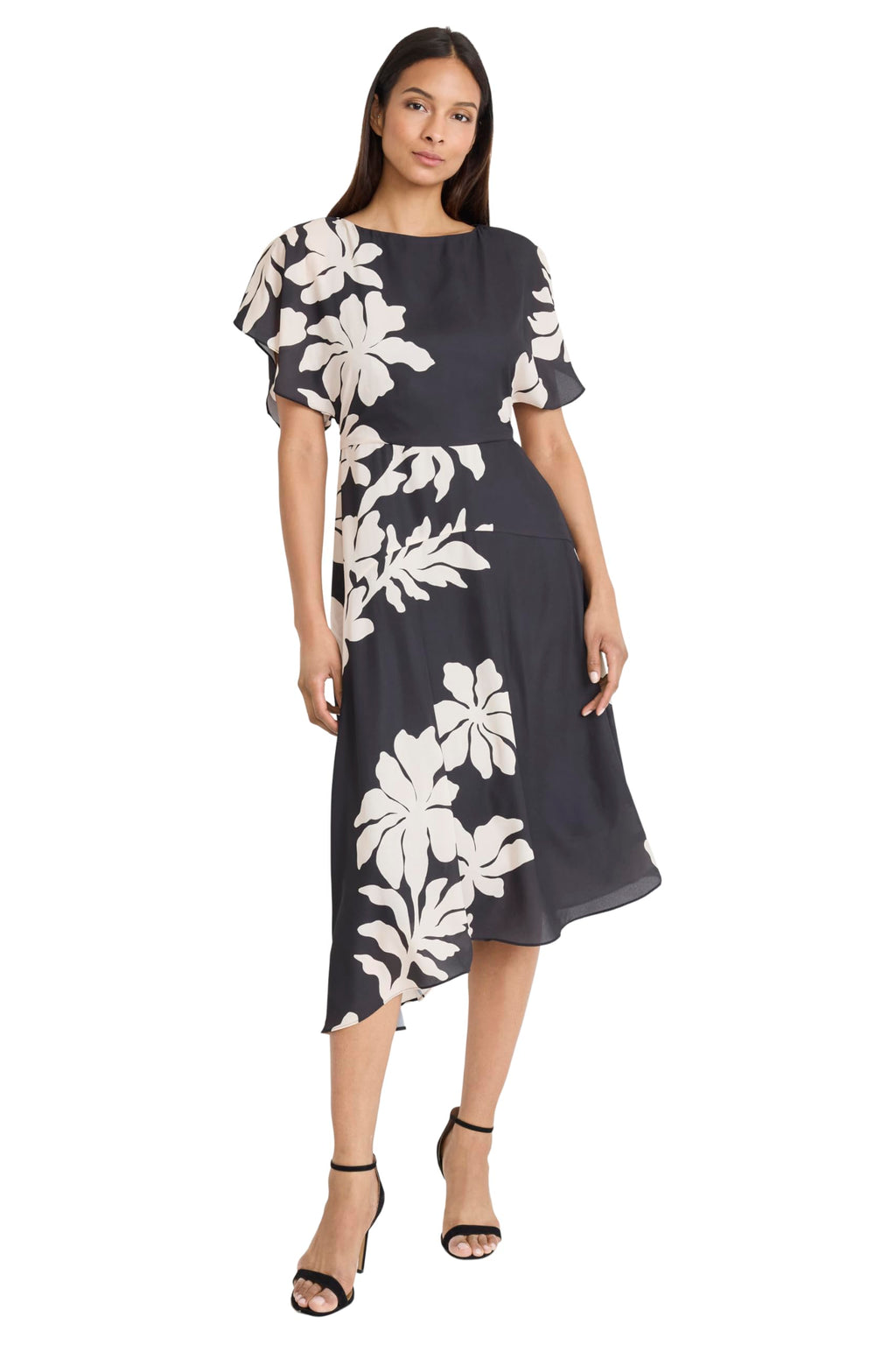 Maggy London - Floral Short Sleeve Boat Neck A-Line Midi Wedding Guest Dresses - 0
