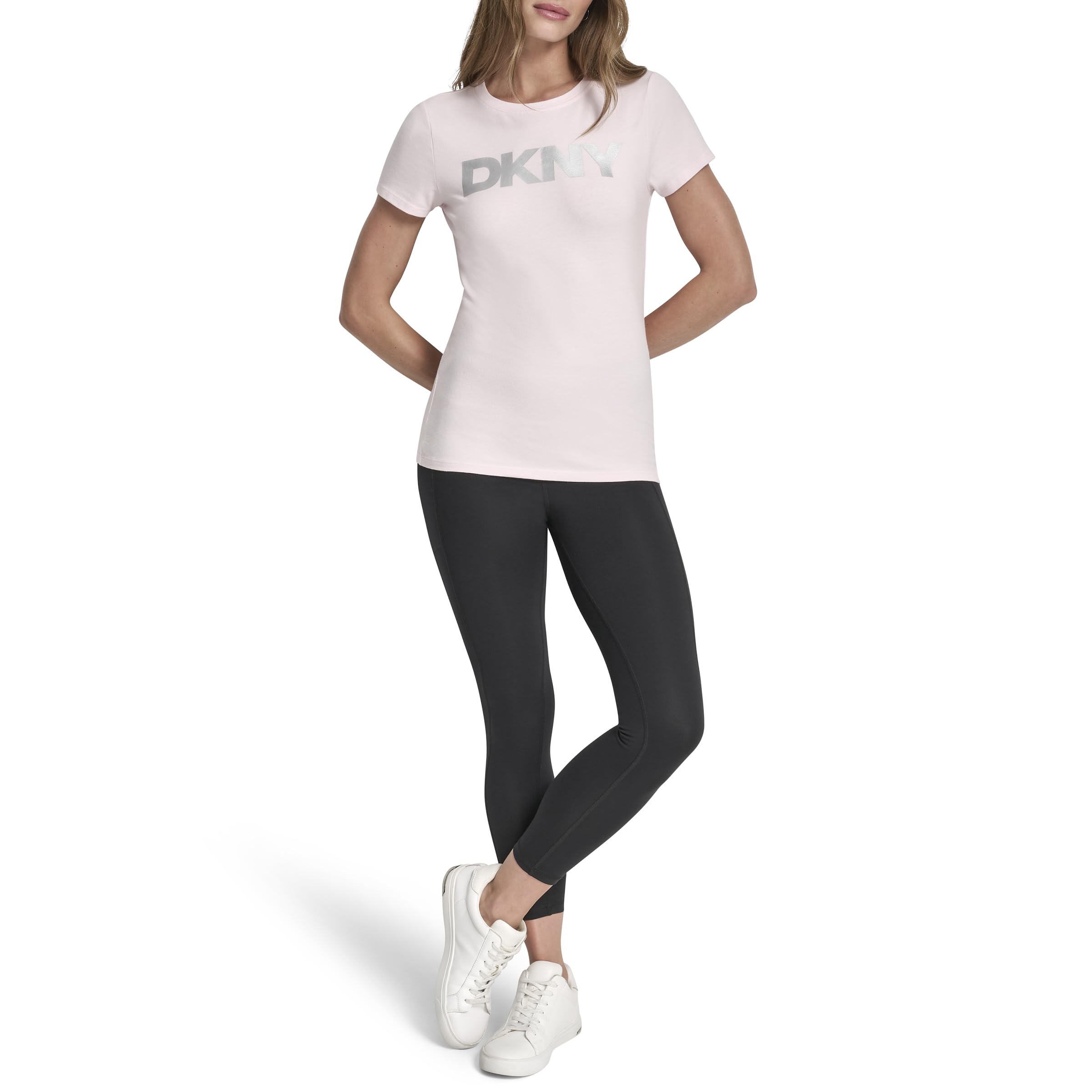 DKNY Women's Foil Logo Short Sleeve T-Shirt, Pink Moon, Large
