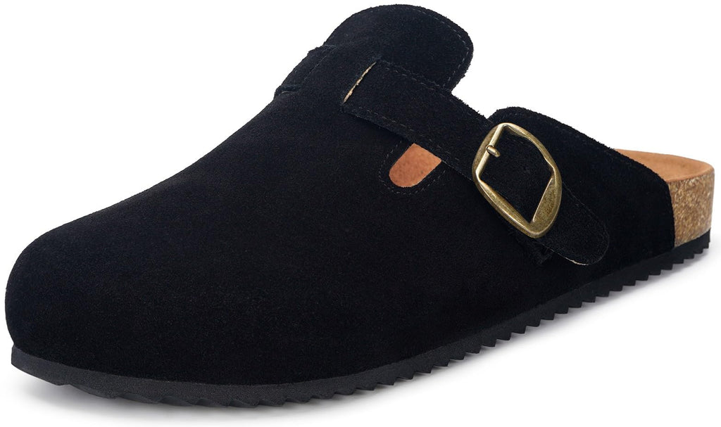 Genuine Suede Leather Clogs for Womens Mens Slip on Mules Antislip Cork Sandals with Arch Support Black