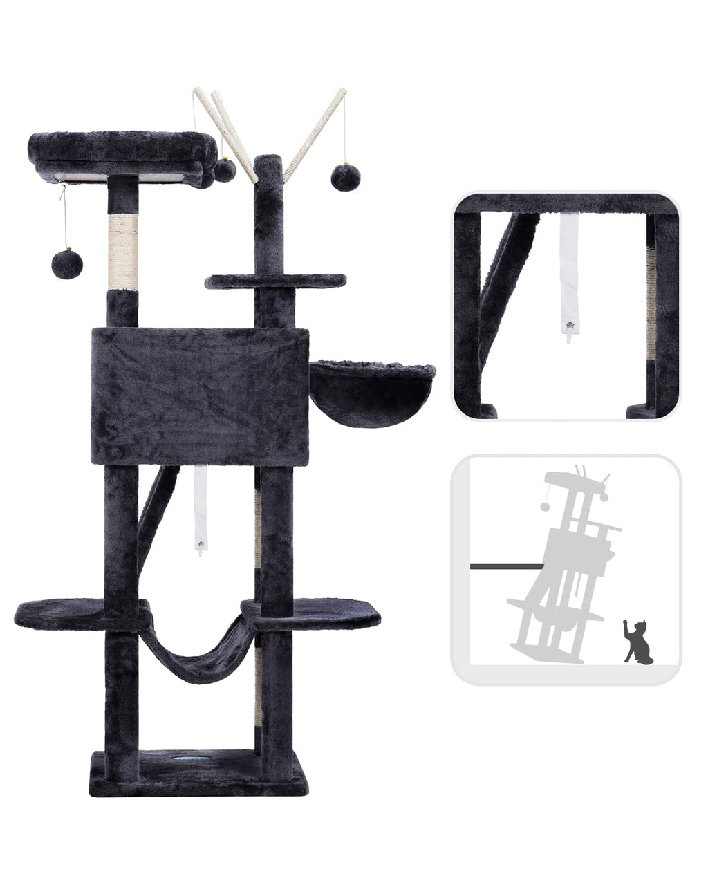 Hey-brother Cat Tree, 53 inch Cat Tower for Indoor Cats, Cat House with Padded Platform Bed, Toy Balls, Large Cozy Condo, Hammocks and Sisal Scratching Posts, Smoky Gray MPJ019-SG