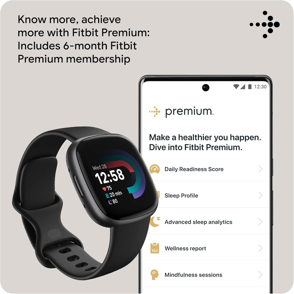 Fitbit Versa 4 Smartwatch (Bundle) – GPS Fitness Tracker with Fast Charger & Cleaning Cloth, 40+ Exercise Modes, Heart Rate, Sleep, Step, & Workout Tracking for Android & iPhone, Black/Graphite