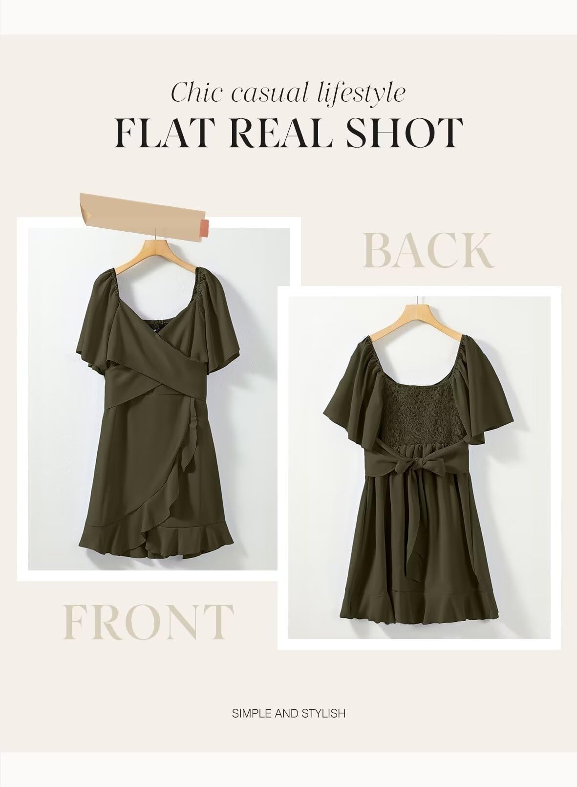 Dokotoo Women's Wrap V Neck Short Sleeve Smocked Elastic Waist Tiered Belted Ruffle Hem Mini Dress Cocktail Dresses for Women Wedding Guest Dress Moss Green L