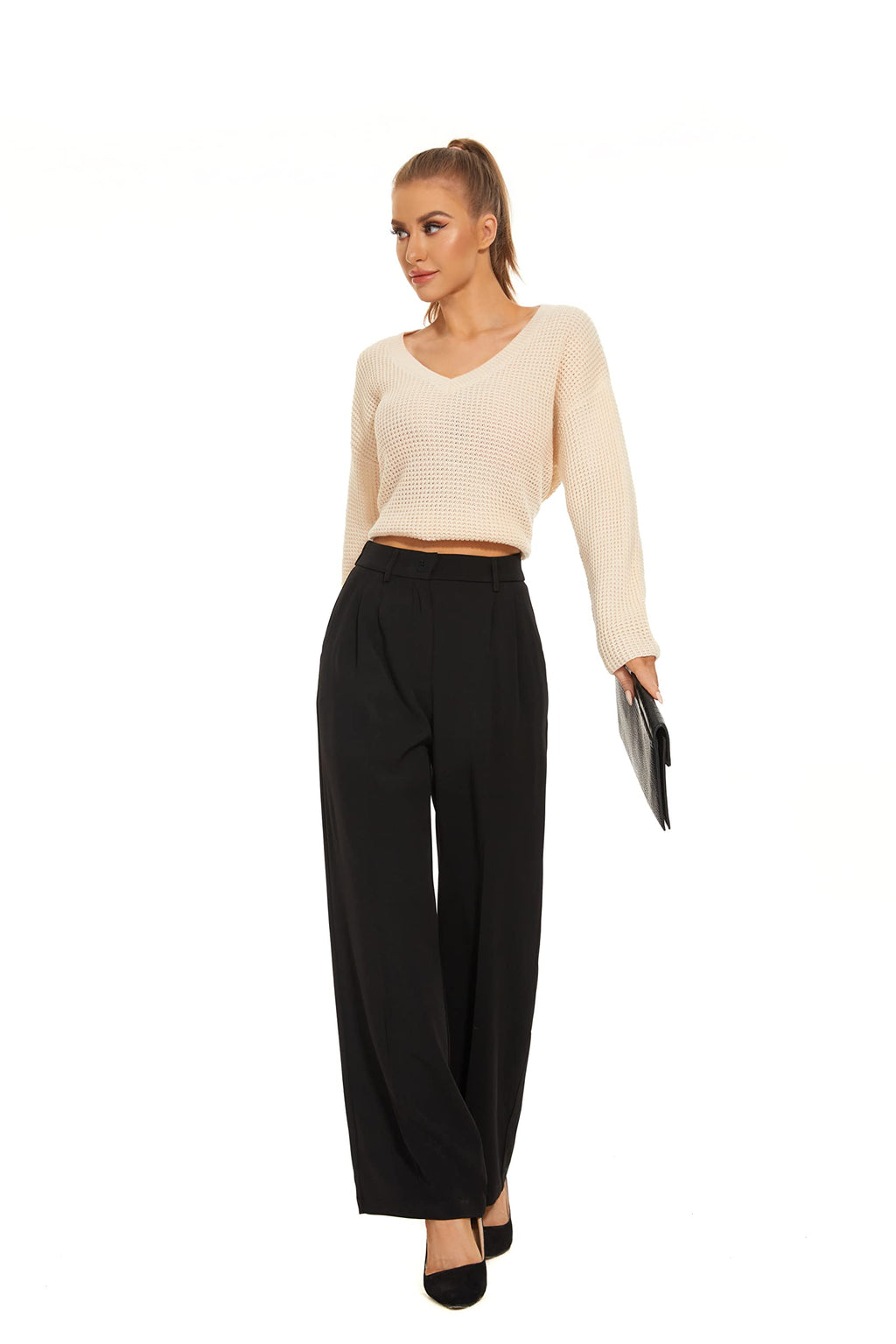 FUNYYZO Women's Wide Leg Pants High Elastic Waisted in The Back Business Work Trousers Long Straight Suit Pants