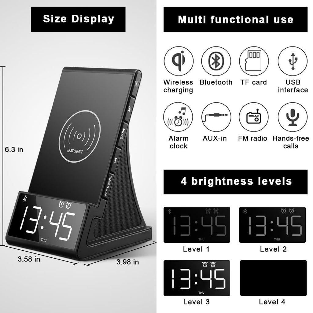 dpnao 8-in-1 Wireless Charging Station with Bluetooth Speaker, Alarm Clock,FM Radio,Remote Control,Fast Charging Dock Compatible with iPhone 17/16/15/14, Samsung S25/S24,Android Phones