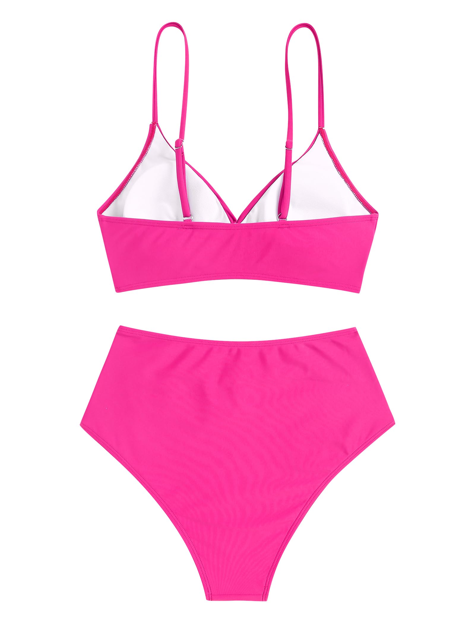 ZAFUL Women High Waisted Bikini Sets Hot Pink Two Piece Swimsuits 2 Piece Push Up Twist Front Ruched Bathing Suits Hot Pink M