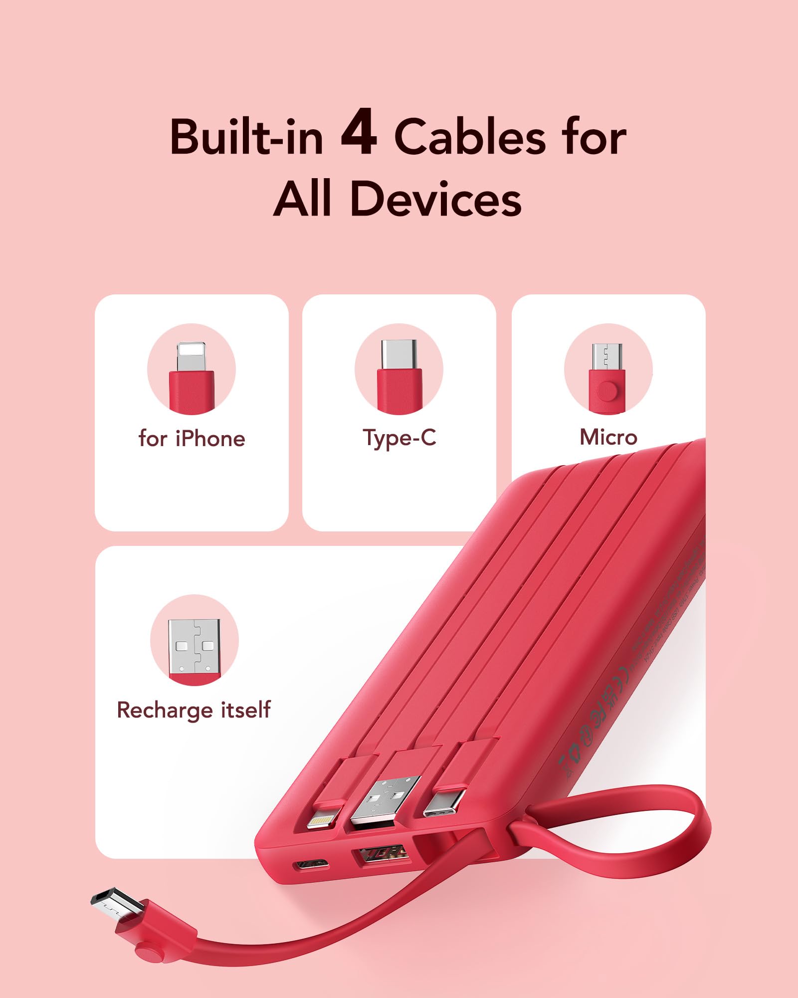 VRURC Portable Charger, 10000mAh Power Bank Built in Cables for iPhone, Slim Compact Travel Essential, 5 Outputs 2 Inputs USB C Battery Pack for iPhone 17 16 15 14 13, Samsung, Android etc-Magenta