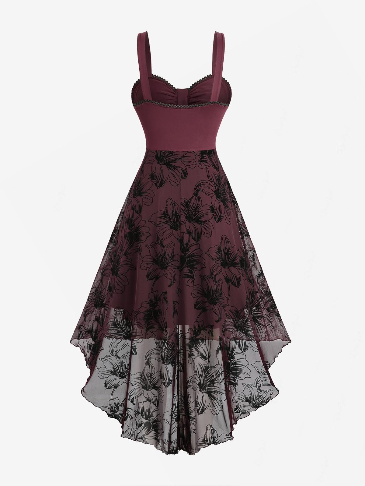 ROSE GAL Plus Size Womens Vintage Gothic Layered High Low Dress Flocking Floral Hook and Eye Lace Trime Sleeveless Backless Asymmetrical Midi Goth Dress(Red_1/3X)