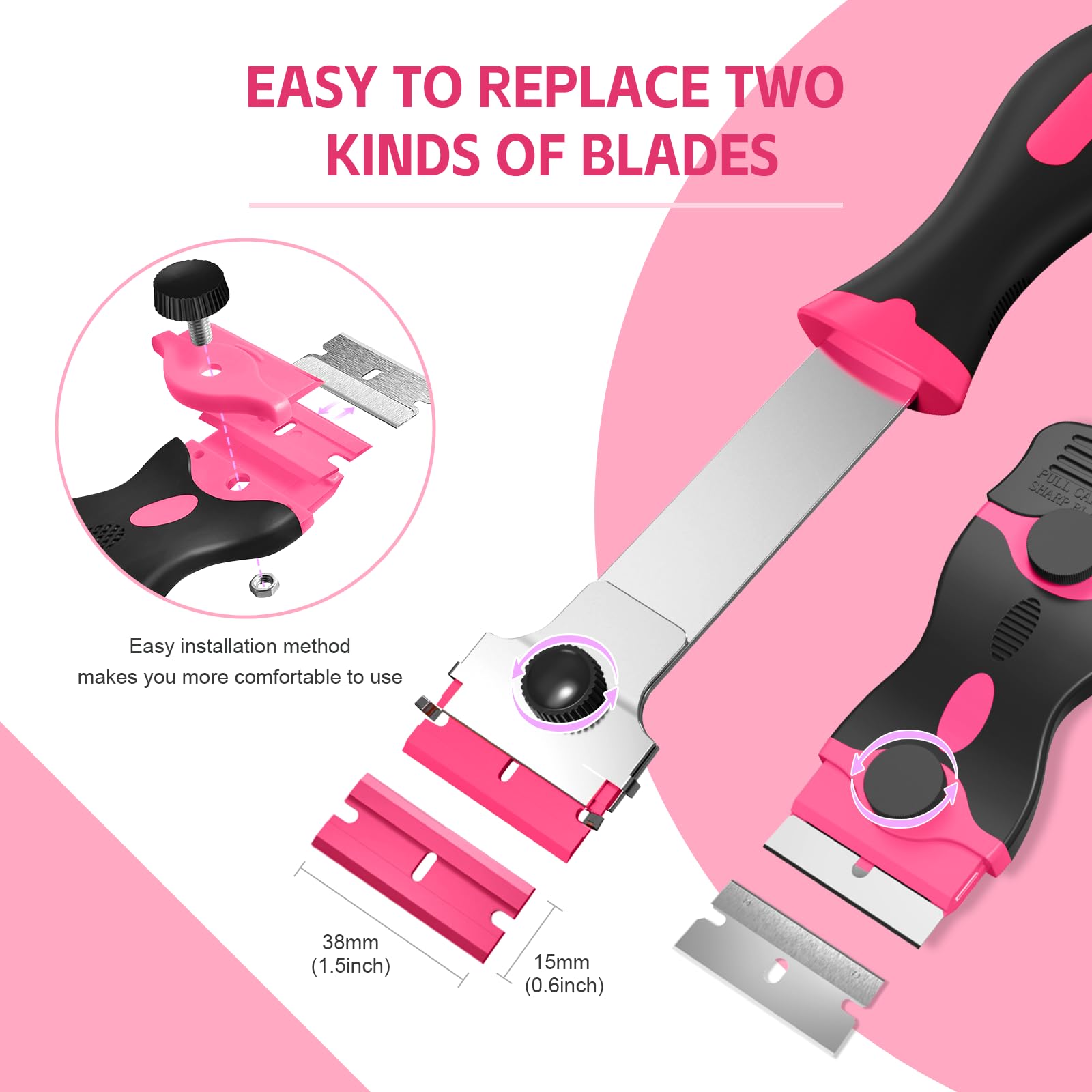 Ywmoml 3 Pack Razor Blade Scraper Set, Includes 30 Plastic & 30 Metal Blades, Multi-Purpose Tool for Glass, Cooktop, Sticker Removal, Paint & Gum Cleaning (Pink)
