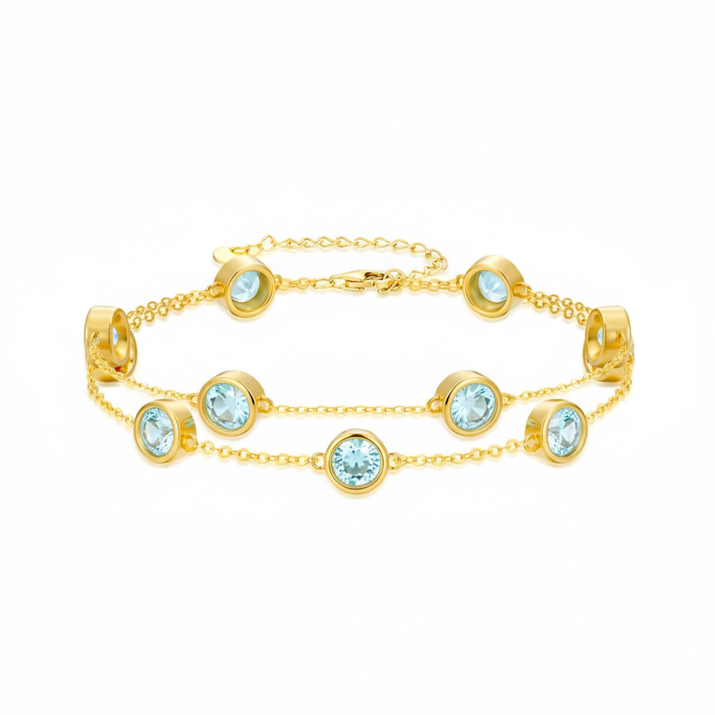 OJK Birthstone Bracelet for Women 14K Gold Aquamarine March Birthstone Bracelet Round Layered Bracelets Anniversary Birthday Jewelry Gifts for Wife Mom Her