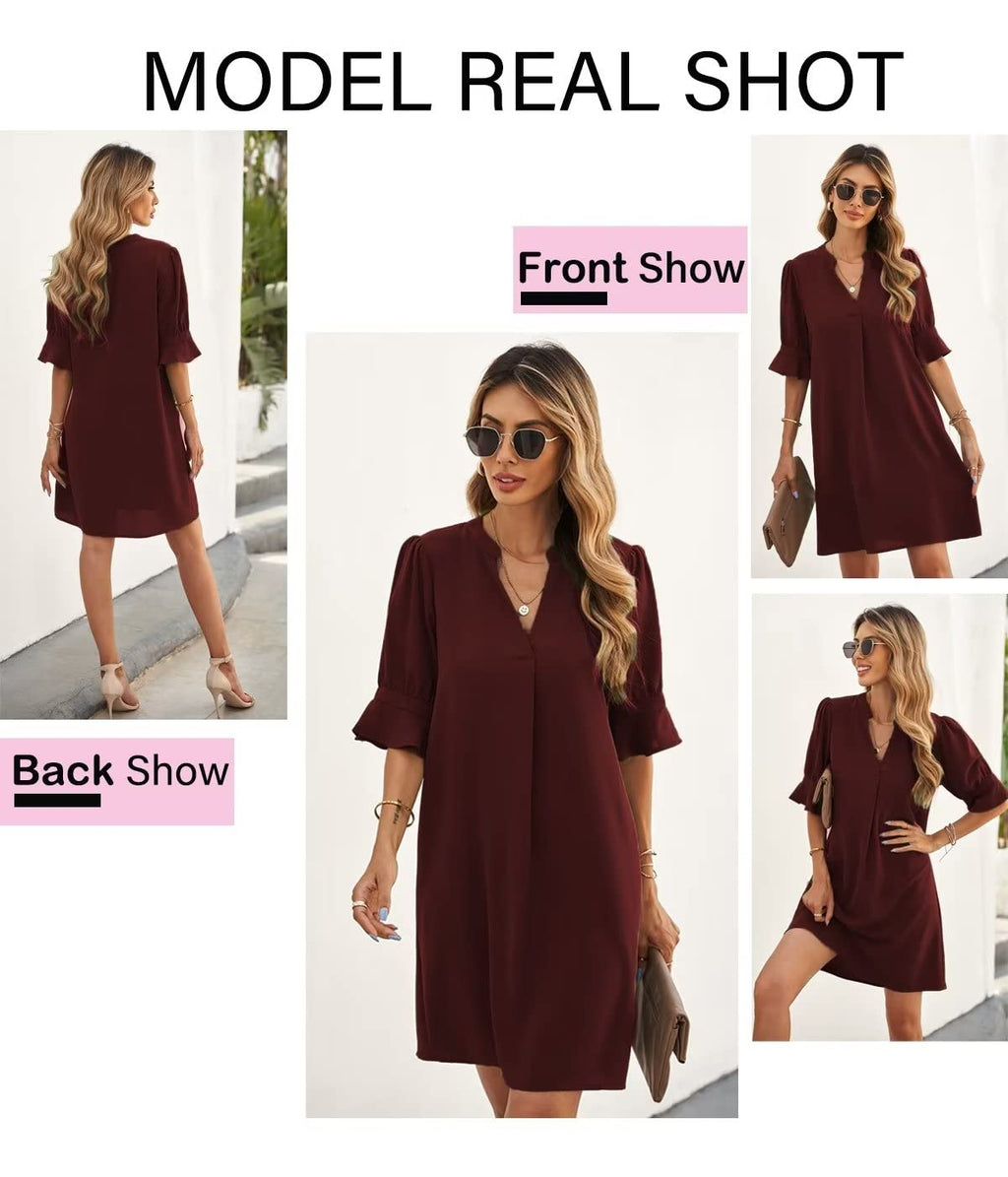 QACOHU Women's Ruffle Short Sleeve V-Neck Straight Casual Casual Elegant Solid Color Simple Dress Red Wine L