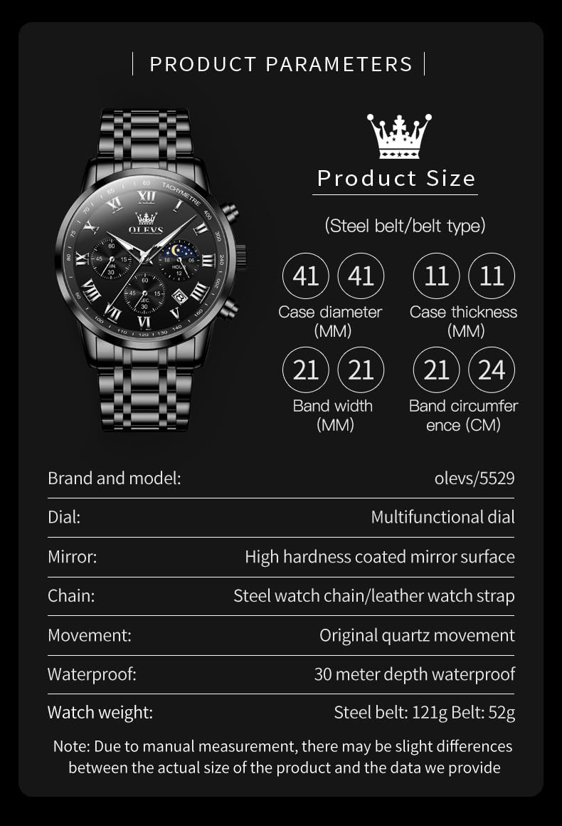 OLEVS Watch Men Luxury Black Watches for Men Dress Luminous Waterproof Analog Quartz Mens Watches with Date Fashion Stainless Steel Large Face Chronograph Moon Phase Classic Wrist Watch for Man