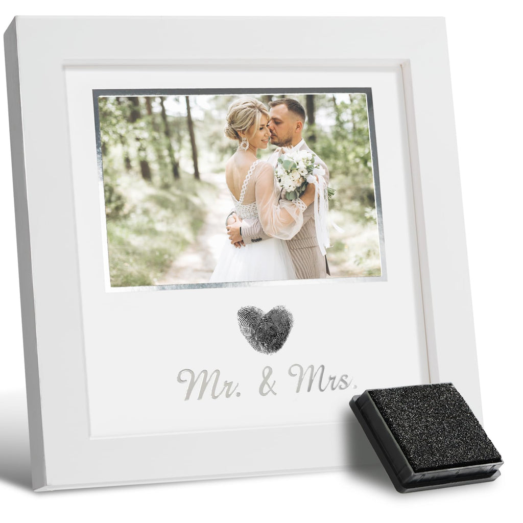 SEEBERY Heart Thumbprint Wedding Picture Frame with Ink Kit, Engagement Gifts for Couples Keepsake Wedding Registry Search Personalized Bridal Shower Gifts for Mr And Mrs Newlywed (White)