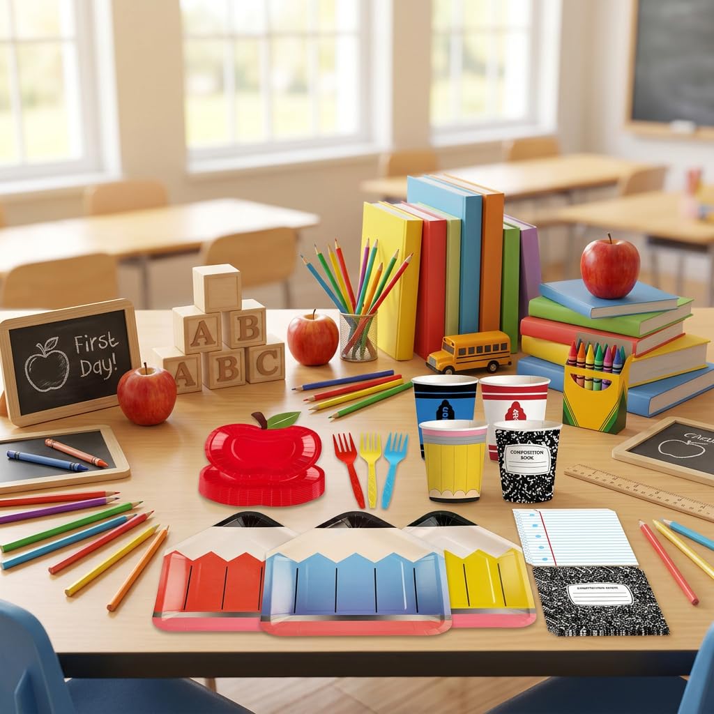 120 PCS Back to School Party Supplies, School Paper Plates and Napkins Set for 24 Guests, Pencil Shaped Plates, Composition Book & Notebook Napkins, 9 oz Cups, Forks, Classroom First Day of School
