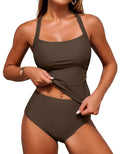 ZAFUL Swim Suit for Women 2026 Two Piece Swimsuit Womens Tankini Bathing Suits Tummy Control High Waist Swimwear for Women Brown S