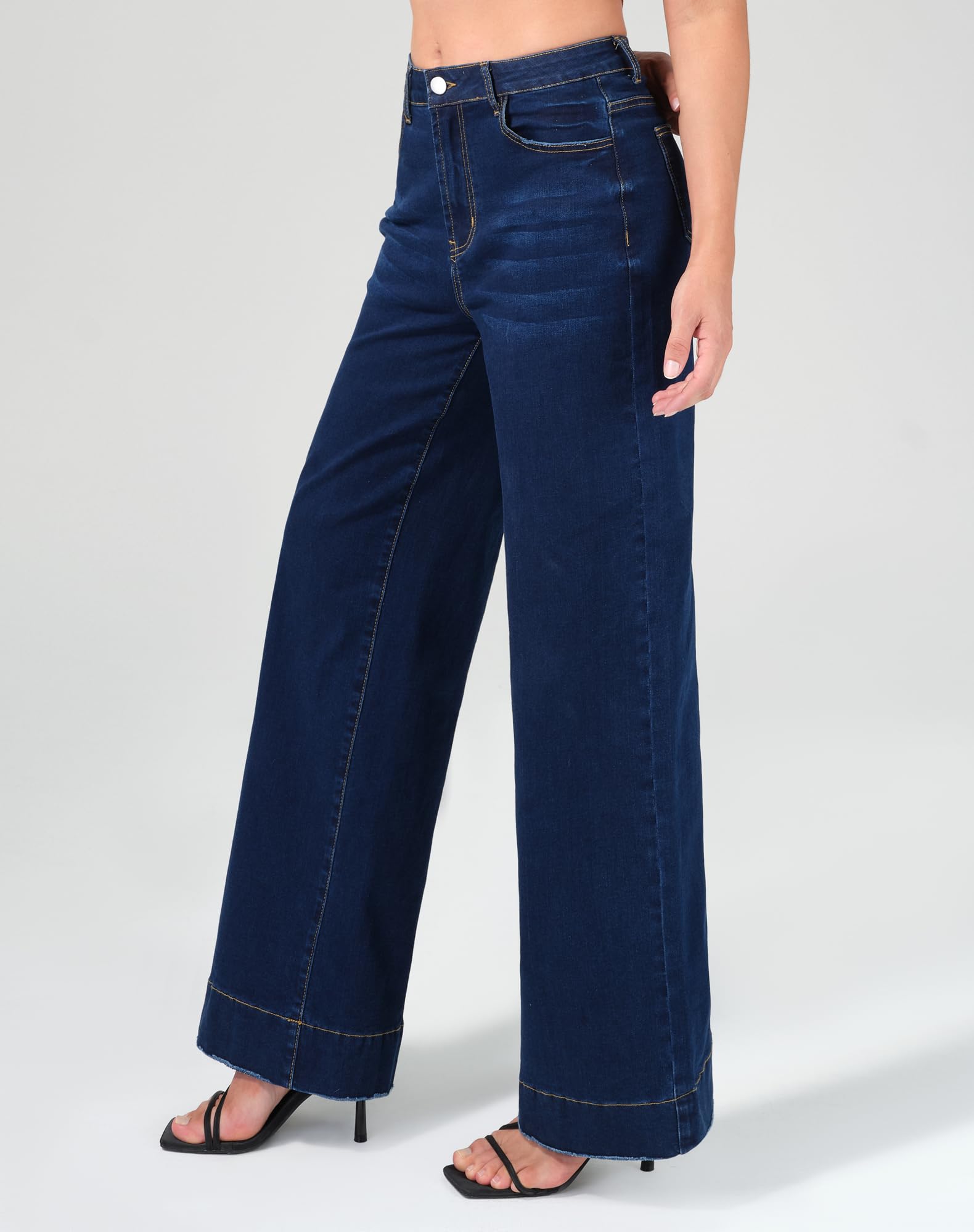 roswear Women's Wide Leg Jeans Casual High Waisted Stretchy Baggy Loose Long Trouser Jeans Classic195 Blue Large