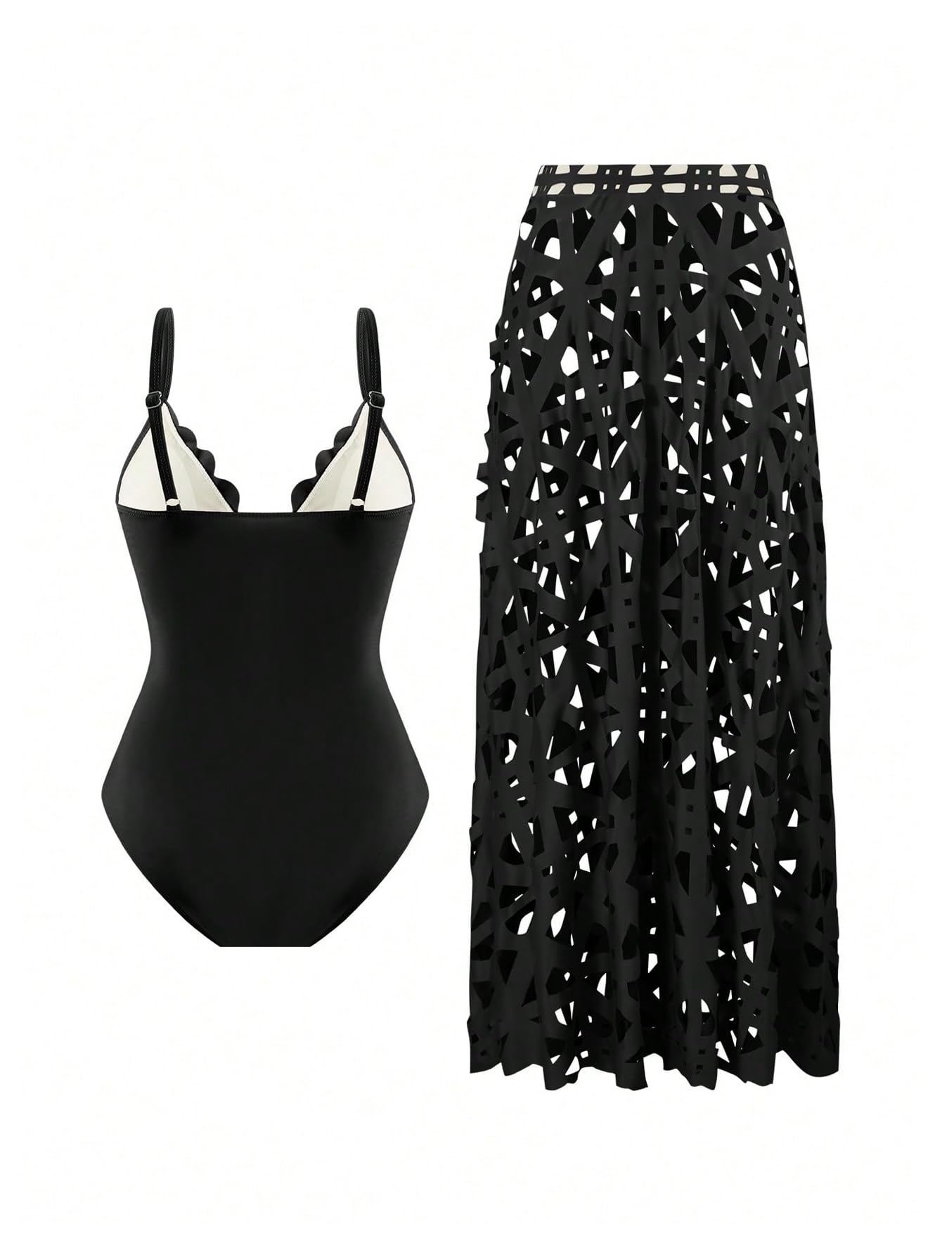 WDIRARA Women's Hollow Out 2 Piece Swimsuit One Piece with Cover Up Skirt Black Large