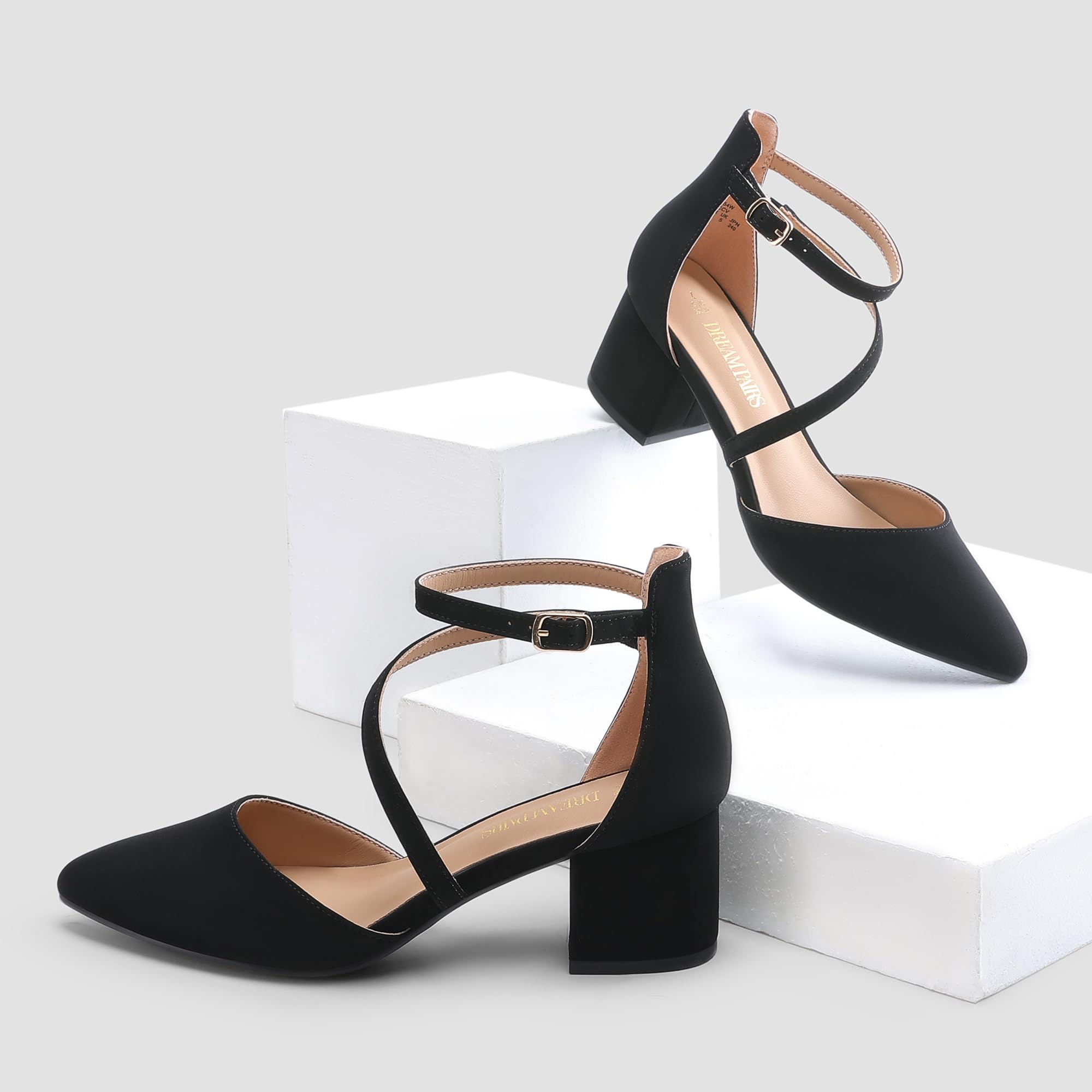 DREAM PAIRS Women's Closed Pointed Toe Low Chunky Heels Pumps Ankle Strap Wedding Business Dressy Shoes,Size 7,Black-Nubuck,SDPU2354W