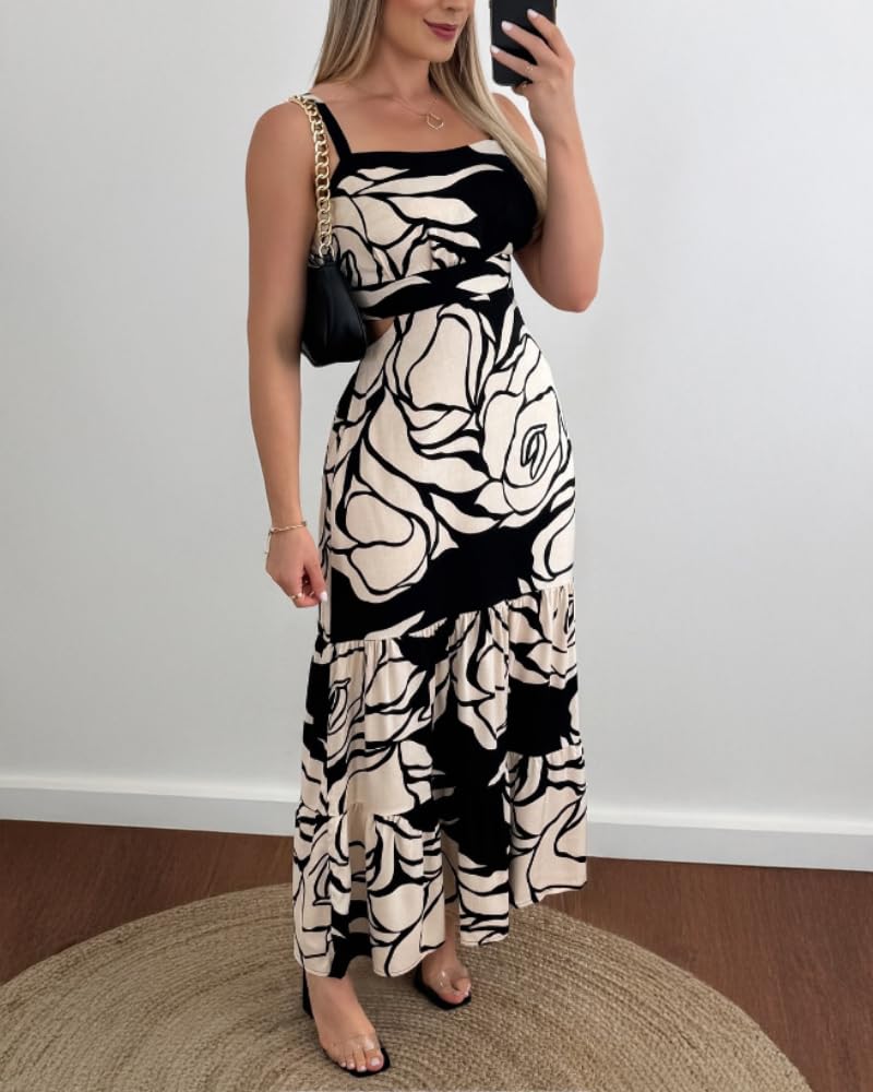 CHICME Summer Dresses for Women 2026 Sleeveless Casual Boho Maxi Dress Square Neck Hollow-Out Floral A Line Black Dress-S
