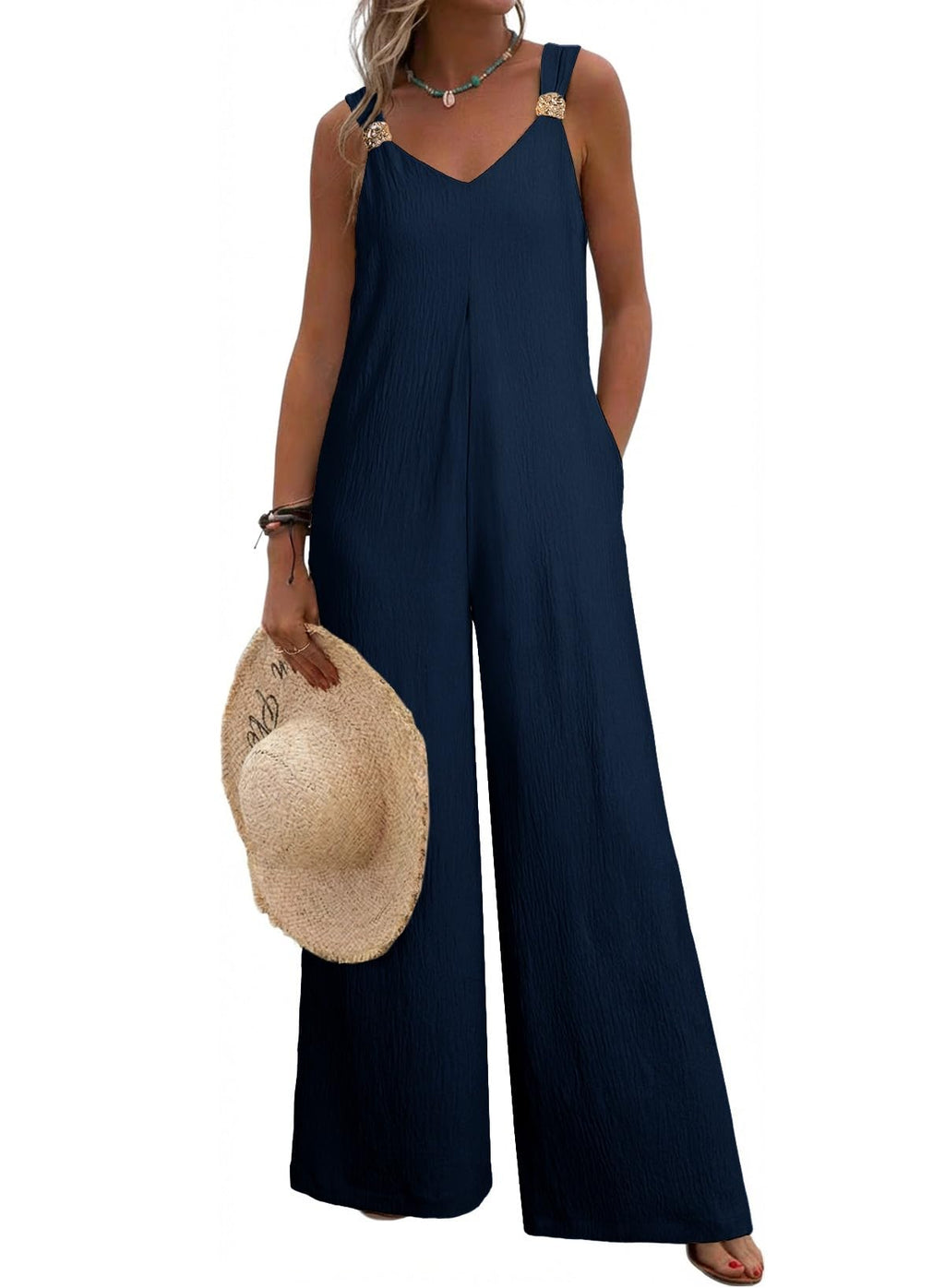 Acelitt Women Casual 2026 One Piece Jumpsuits Dressy Fashion Summer V Neck Sleeveless Loose Wide Leg Long Pant Rompers Outfits Blue XL