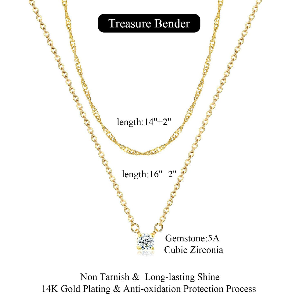 Treasure Bender Gold Necklace for Women Trendy - 14K Gold Plated Layered CZ Necklace Dainty Gold Pendant Choker Chain Necklaces Waterproof Non Tarnish Jewelry for Women Gifts