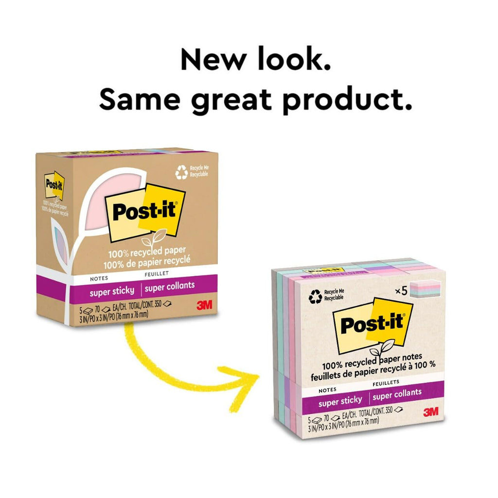 Post-it 100% Recycled Paper Super Sticky Notes, 3 in. x 3 in., 5 Pads, 70 Sheets per Pad, Wanderlust Pastels, New Year Organization or Second Semester School Supplies